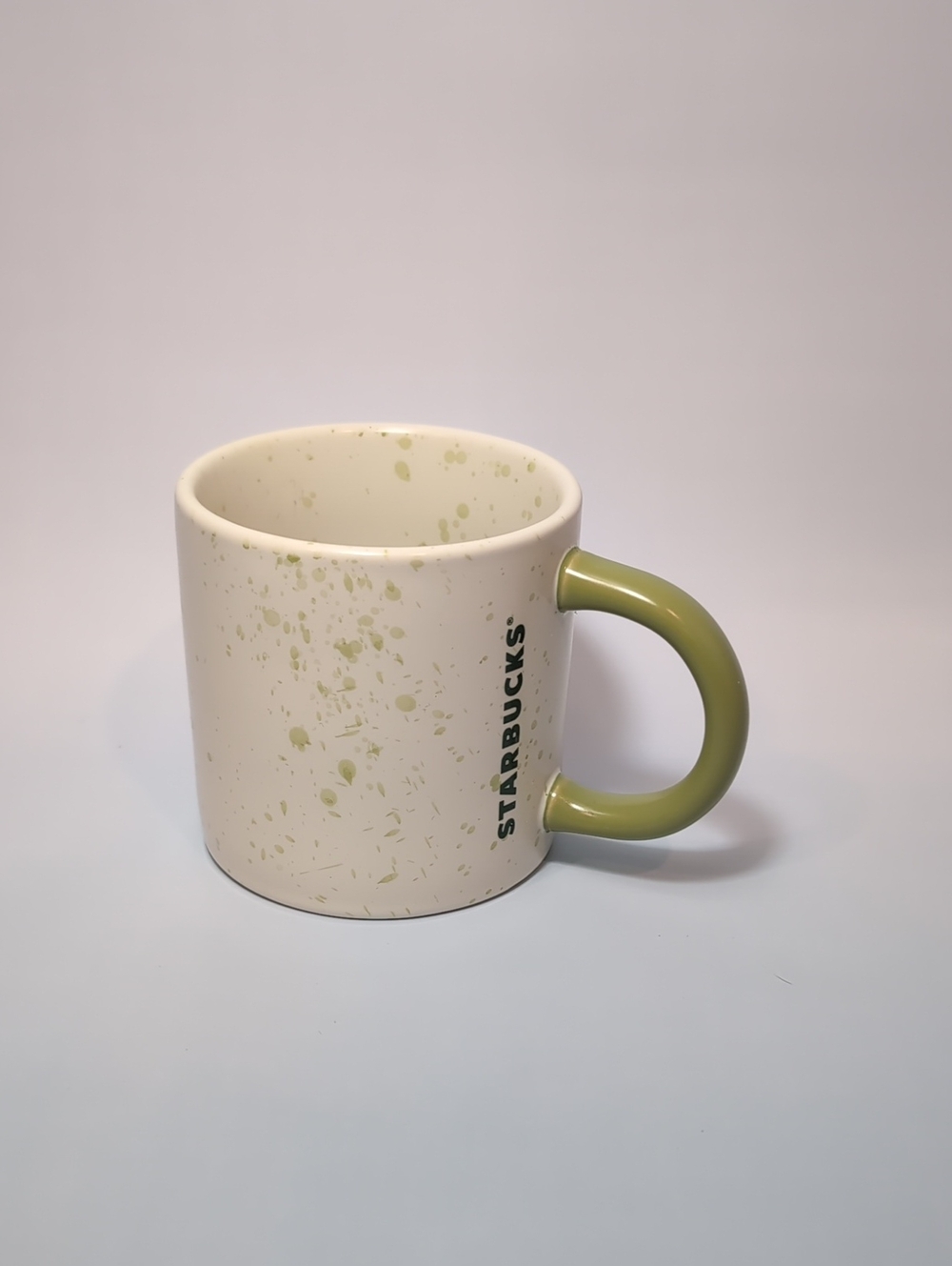 Starbucks Cream Speckle Mug with Olive Green Handle